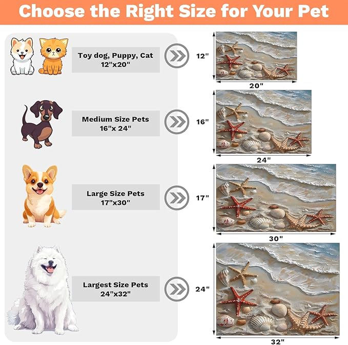 Nautical Coastal Dog Food Mat for Floors Absorbent Dog Bowl Mat for Food and Water Dispenser Quick Dry Cat Food Placemat Pet Supplies 17" x 30", Beach Seashell Starfish