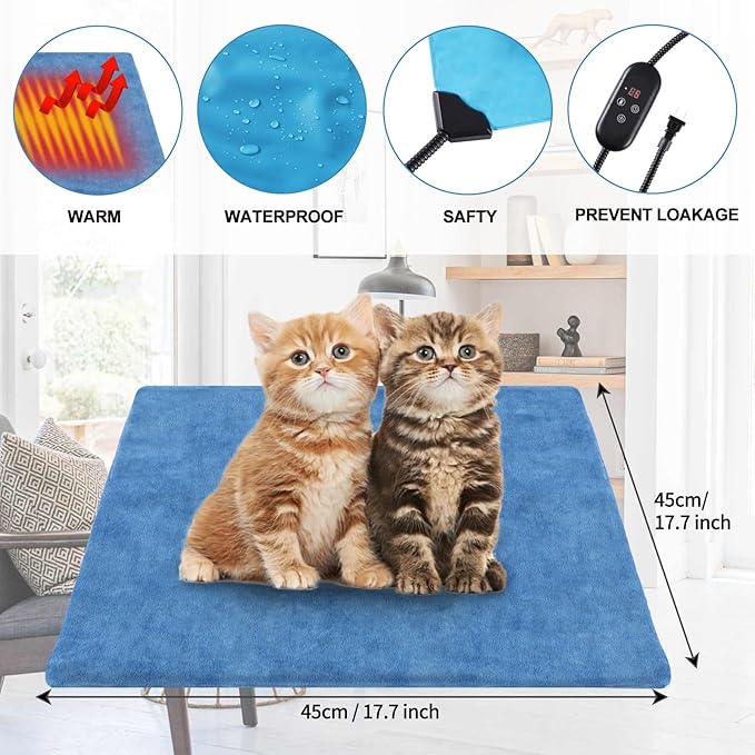 Pet Heating Pad for Cats Dogs Indoor Outdoor Waterproof Electric Heated Pads Mat with Stainless Chew Resistant Cord 5 Timer and 6 Level Temperature Warming Pad Bed Warmer-17.7x17.7