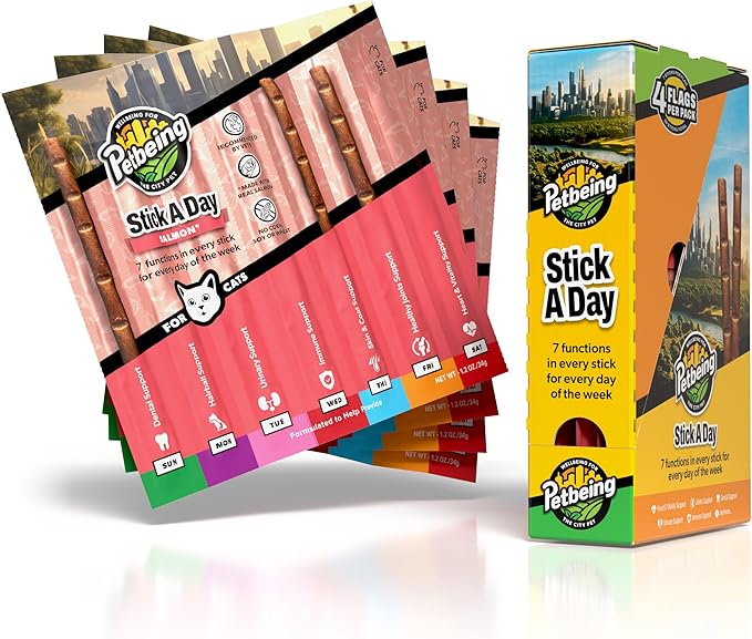 Stick a Day Cats | Specially Formulated 7-in-1 Functions Daily Real Meat Supplement for Cats | Cat Chew Stick & Pet Vitamins Supplements Combination (7-Pack x 4, Salmon)