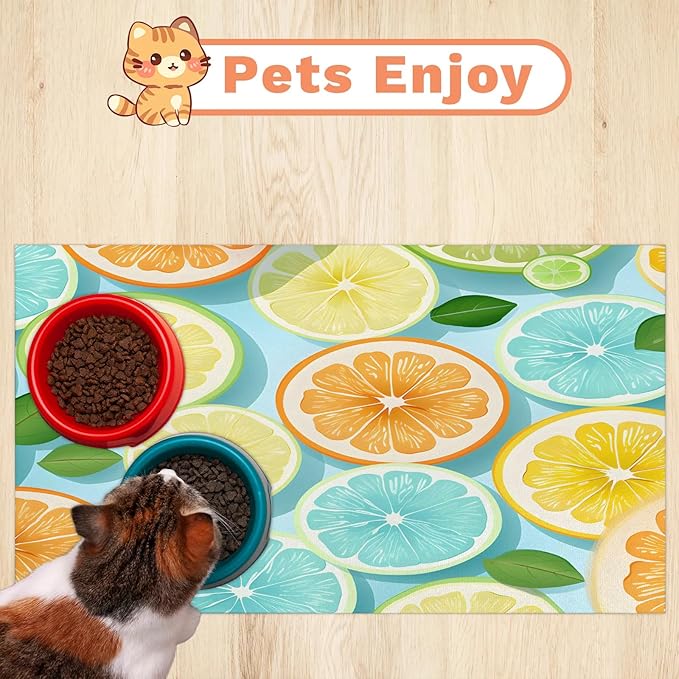 Lemon Dog Food Mat for Floors Absorbent Dog Bowl Mat for Food and Water Dispenser Quick Dry Cat Food Placemat Pet Supplies 24" x 32", Summer Fruit