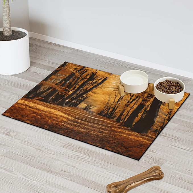 Autumn Trees Dog Food Mat for Floors Absorbent, Quick Dry Water Dispenser Mat for Food, Water, Pet Supplies 16" x 24", Maple Leaf