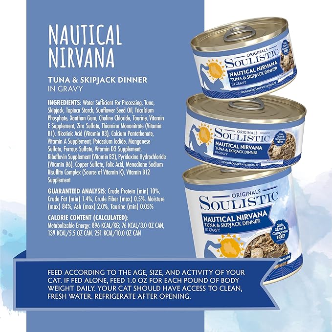 Soulistic Originals, Nautical Nirvana Tuna and Skipjack Dinner in Gravy, 3oz Can, Pack of 12