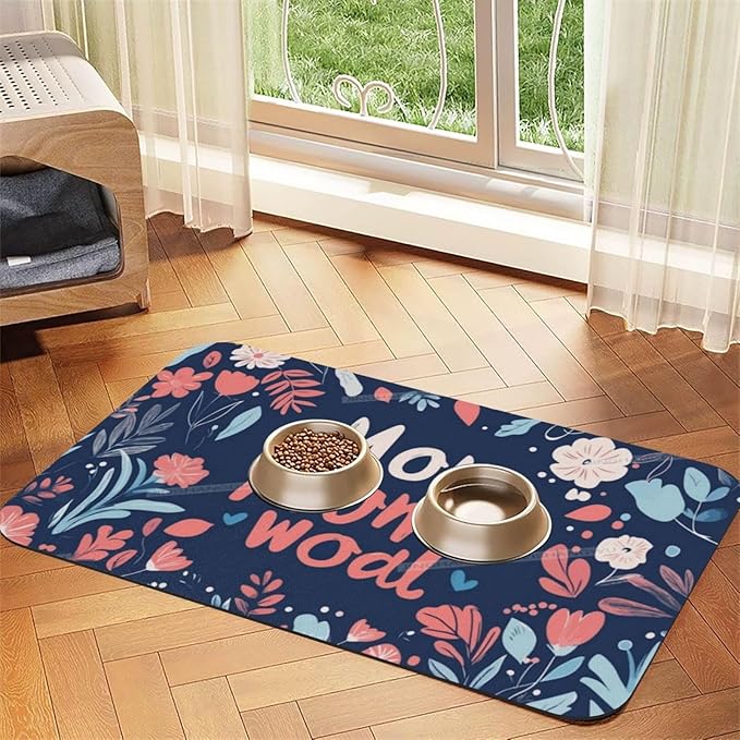 Dog Food Mats for Floors Absorbent Pet Cat Food Mat Happy Mother's Day Floral Gift for Mom Hc Non Slip Dogs Bowl Mats Water Dog Placemats Feeding Mat Pet Supplies 24x16In
