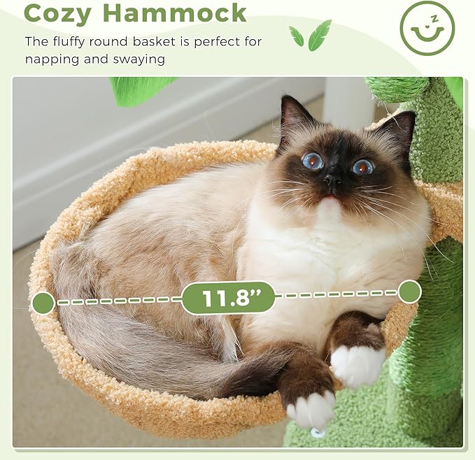Green Cat Tree for Indoor Cats, 43" Small Cat Tower with Realistic Leaves, Scratching Posts, Dual Condos and Cozy Hammocks, Kitten Activity Center with Dangling Ball