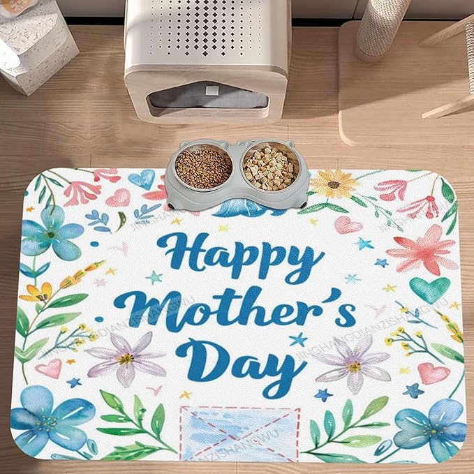 Pet Feeding Mat Absorbent Dog Mat For Food Water Bowl No Stains Quick Dry Water Dispenser Mats Happy Mother'S Day Floral Gift Mom Ed Dog Accessories Pet Supplies Bowl For Messy Drinkers 24x16In
