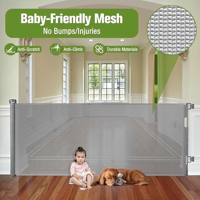 Retractable Baby Gates 65" Wide Baby Gate for Stairs Retractable Dog Gate Indoor Mesh Pet Gate Outdoor Retractable Gate Stair Gates for Kids or Pets Child Gate Dog Gates for Doorways, Decks, Gray