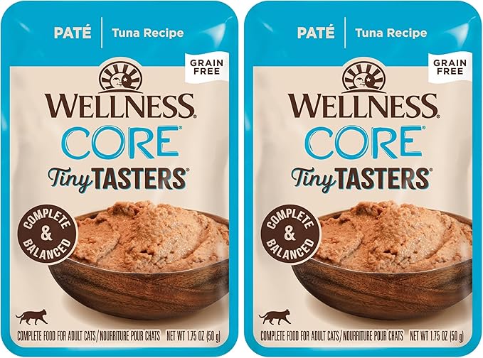 Wellness CORE Tiny Tasters Pate Adult Wet Cat Food, Natural, Protein-Rich, Grain Free, 1.75 Ounce Pouch (Tuna), (Pack of 24)