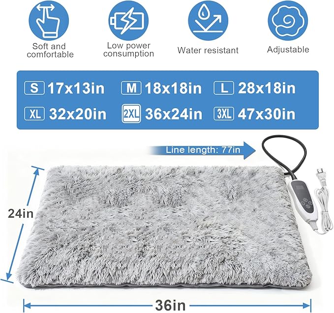 Large Dog Heating Pad 36x24 in with Smart Thermostat Switch and Power Line Protection Tube,Obtained MET and UL Dual Certification,Waterproof Pet Heating Pad with Long Velvet Cloth Cover