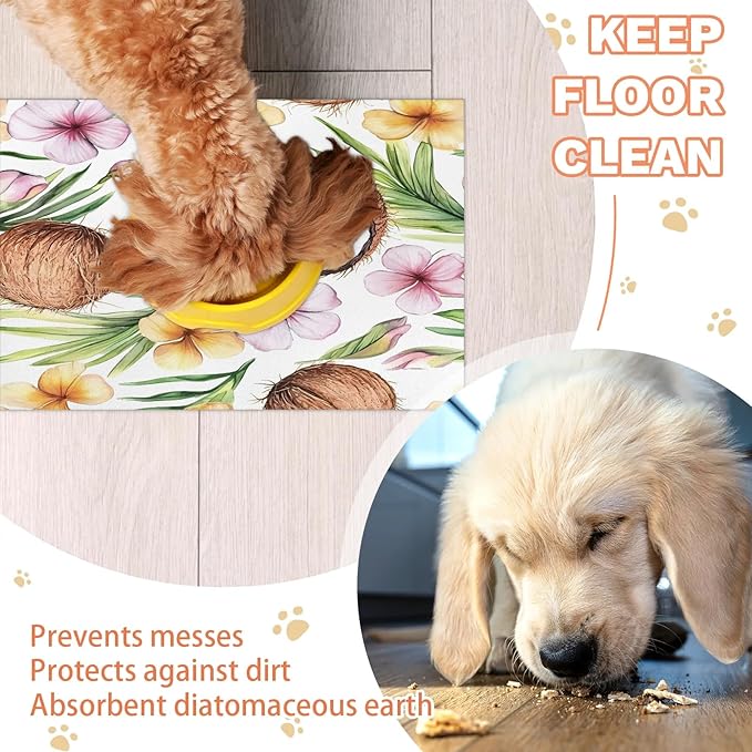 Coconut Fruit Dog Food Mat for Floors Absorbent Dog Bowl Mat for Food and Water Dispenser Quick Dry Cat Food Placemat Pet Supplies 24" x 32", Flower Leaves