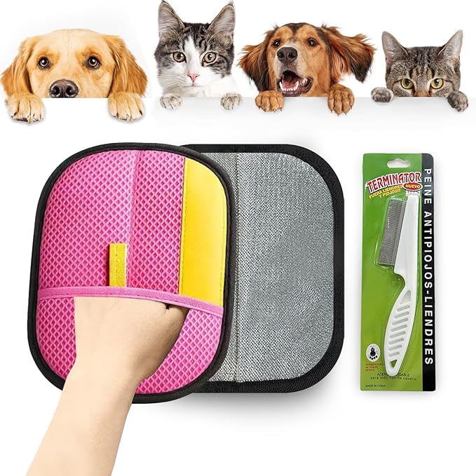 2pcs Set Pet Hair Remover Glove, Grooming Gloves for Dogs and Cats,Reusable Cat & Dog Hair Remover for Couch Furniture+Free Comb (Pink)