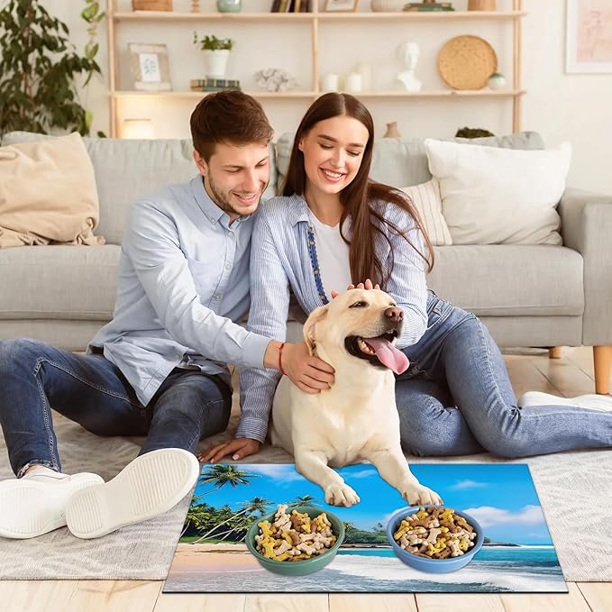 Tropical Beach Dog Food Mat for Floors Absorbent, Quick Dry Water Dispenser Mat for Food, Water, Pet Supplies 12" x 20", Palm Tree