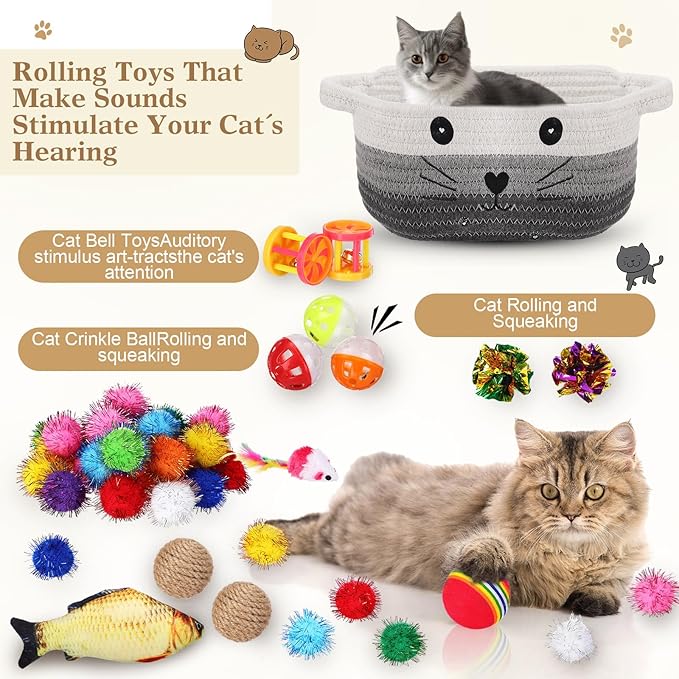 Zopeal 58 Pcs Easter Cat Storage Basket Gift Toys Set, Colorful Flashing Balls Pet Bell Crinkle Balls Spring Toys Attract Cat to Swat, Hunt, Interactive for Pet(Multicolor,12 Inch)