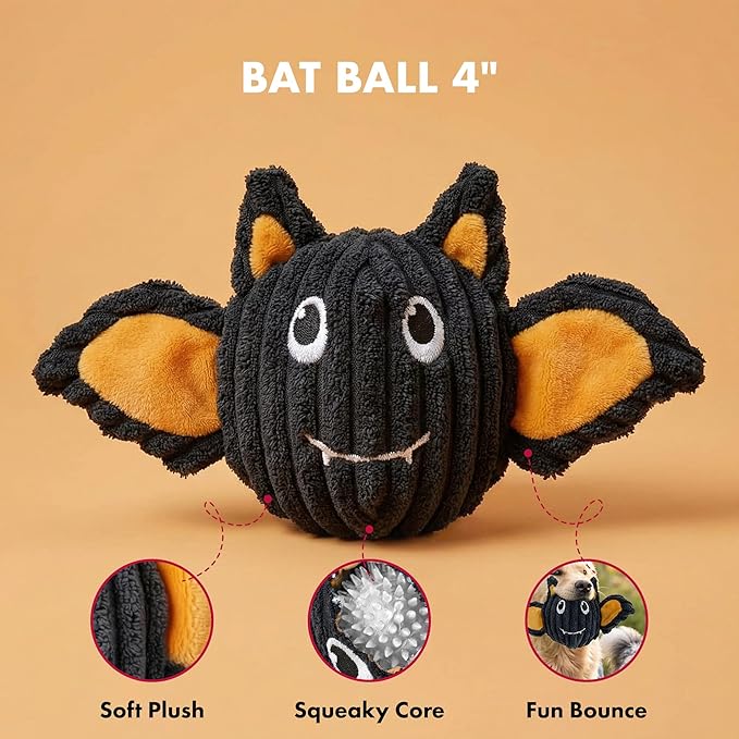 Pet Lou Batmmy EZ Squeaky Ball Dog Toy, Twin Pack (4"), Bat & Mummy Head, Durable Plush Dog Squeaker Toys, Stuffing-Free Pet Supplies for Small & Medium Dogs