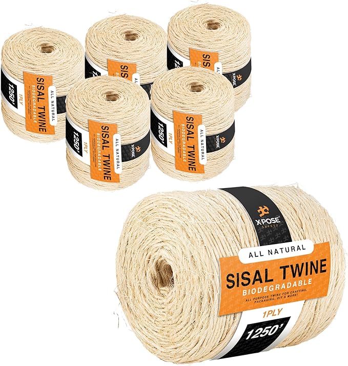 Sisal Twine - Thin Natural Fiber Rope on Spool - Rope for Cat Scratching Post, Cat Tree Replacement Parts, Pet Toy - Decorative Cordage, Pole Wrap (6, 1 Ply 1250 Ft.)