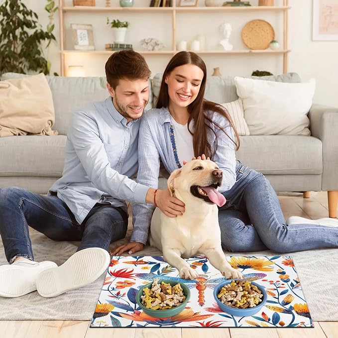 Dragonfly Wildflower Dog Food Mat for Floors Absorbent, Quick Dry Water Dispenser Mat for Food, Water, Pet Supplies 12" x 20", Flower Leaves