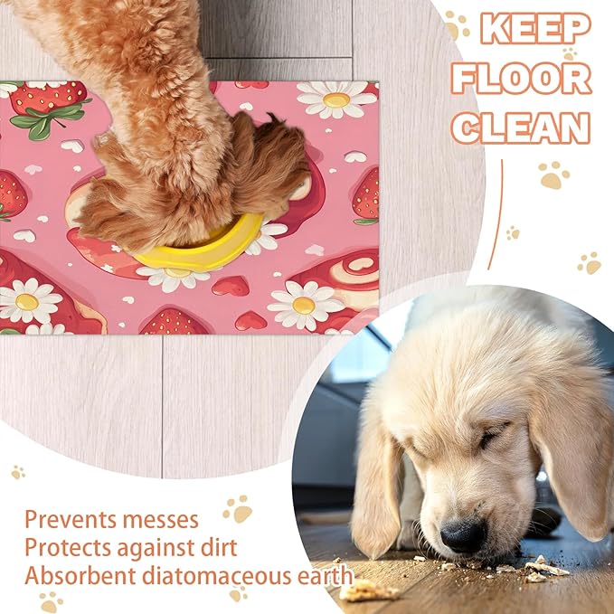 Swiss Roll Dog Food Mat for Floors Absorbent Dog Bowl Mat for Food and Water Dispenser Quick Dry Cat Food Placemat Pet Supplies 16" x 24", Daisy Flower