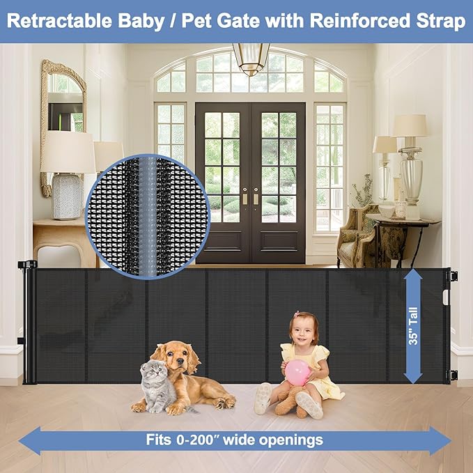 Reinforced 200 Inch Extra Wide Baby Gate Retractable Dog Gate 16.7ft Outdoor pet Gates for Wide Openings 33 Inch Tall No Sag Mesh Retractable Baby Gates for Doorways with Reinforced Strips, Black