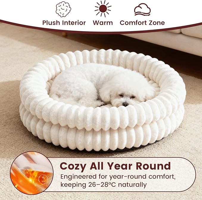 Cat Beds for Indoor Cats, Machine Washable Orthopedic Donut Dog Bed for Small Dogs, Fluffy Round Pet Bed with Anti-Slip Bottom for Puppy and Kitten, White, 20"x20"x6.5"