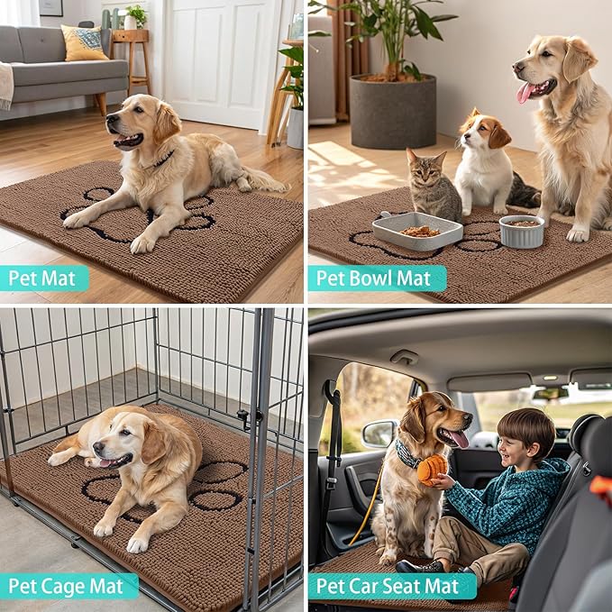 Smiry Dog Door Mat for Muddy Paws, Absorbent Dirt Trapper Non Slip Quick Dry Washable Chenille Mat for Mud Dogs, Entry Rug for Indoor and Outdoor (30x20 Inches, Coffee and Black)