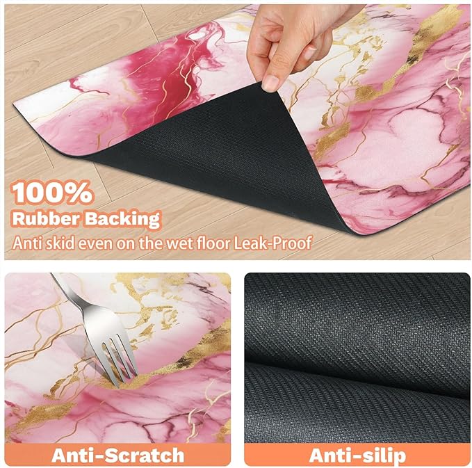 Marble Dog Food Mat for Floors Absorbent, Quick Dry Water Dispenser Mat for Food, Water, Pet Supplies 24" x 32", Pink Gold