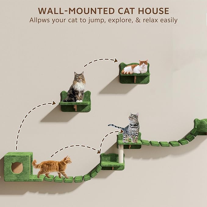 9-in-1 Cat Wall Shelves, Multi-Level Wall Mounted Cats Furniture Set with Plush Fabric, Floor Space-Saving Wooden Cat Climbing Wall Systems with Scratching Post, Bridge Ladder, Condos, Green
