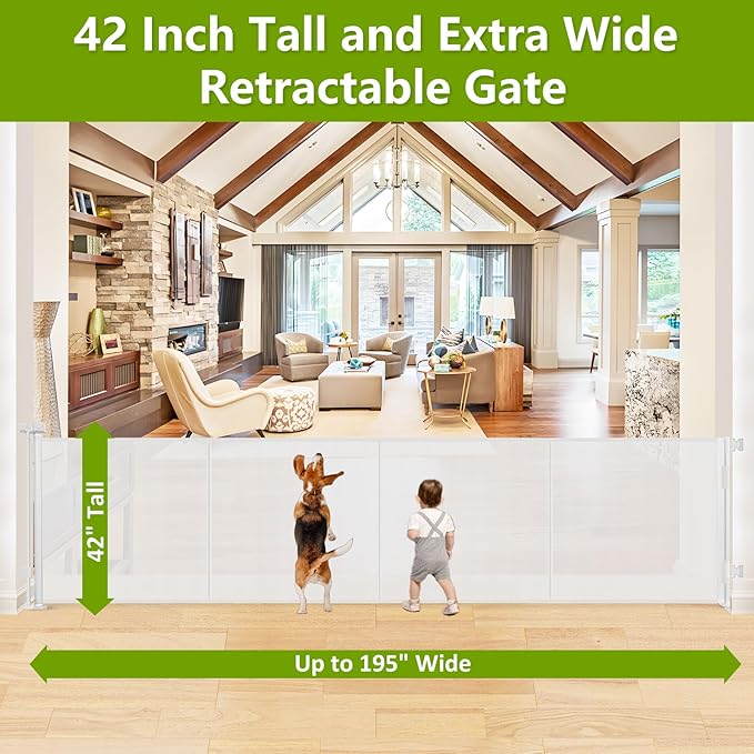 Reinforced 42" Tall x 195" Extra Wide Retractable Baby Gate with Support Rods - Prevent Crawling Under, Extra Large Baby Gate Retractable Dog Gate Indoor Tall Dog Gate Outdoor Gates for Decks, White