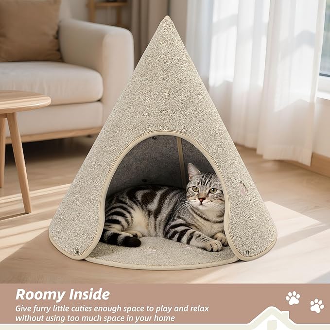 BEQHAUSE Cat Beds for Indoor Cats, Cat Cave Bed with Non-Slip Bottom, Anti-Scratch Cat House Cat Tent for Kittens and Small Dogs, Foldable Kitten Hideaway Machine Washable,22.8 * 22.8 * 20.8in, Beige