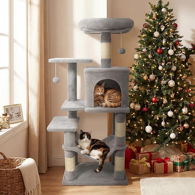 Tangkula Cat Tree Tower, 44 Inch Multi-Level Cat Tower with Sisal Scratching Posts, 2-Door Condo, Padded Top Perch & Hammock, 2 Hanging Balls, Jumping Platforms for Indoor Cats (Light Gray)