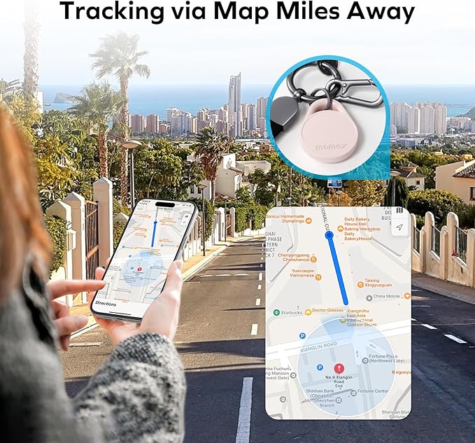 Momax Key Finder Tracker Tag - [Apple MFi Certified] Smart Bluetooth Tracking Device with Find My (iOS Only), Replaceable Battery, DIY Stickers, for Wallets, Luggage, Suitcases, Backpacks, Pink