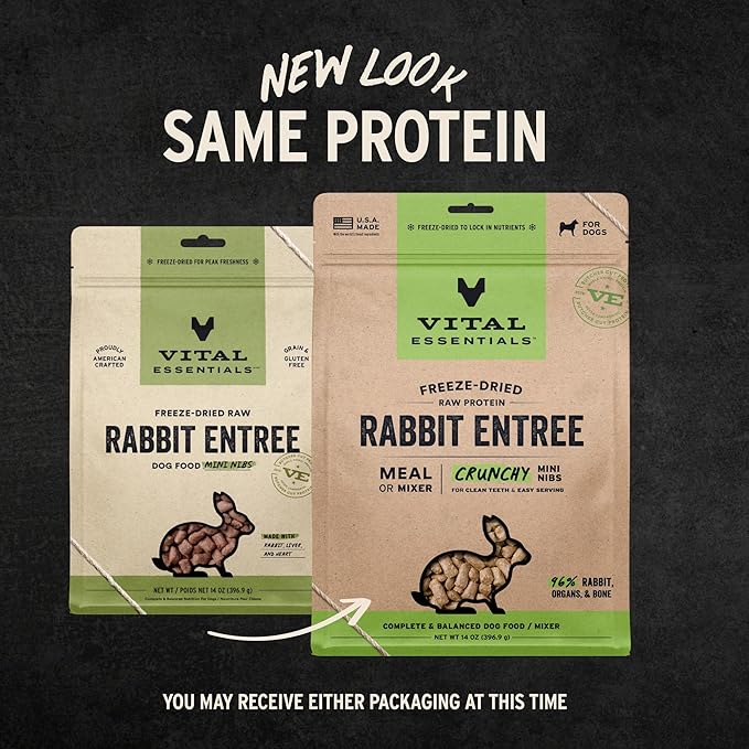 Vital Essentials Freeze Dried Dog Food, Raw Rabbit Crunchy Mini Nibs | Complete Meal or Topper | 96% Rabbit, Organs & Bone | Limited Ingredient, High Protein, Grain Free Dry Dog Food | 14 oz Bag