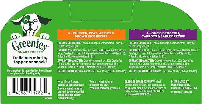 Greenies Smart Topper High Protein Wet Mix-in for Dogs, Chicken, Peas, Apples, and Brown Rice Recipe & Duck, Broccoli, Carrots and Barley Recipe Variety Pack with Whole Grains, 8 Trays of 2 oz.