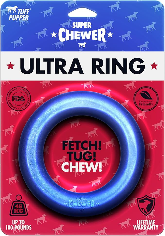 Tuff Pupper SuperChewer Tough Dog Ring Toy | Lifetime Replacement | Strong Natural Rubber | Chew Toys for Aggressive Chewers | Durable Tug Play | Strong Dog Ring Toy | Large Breed Tested