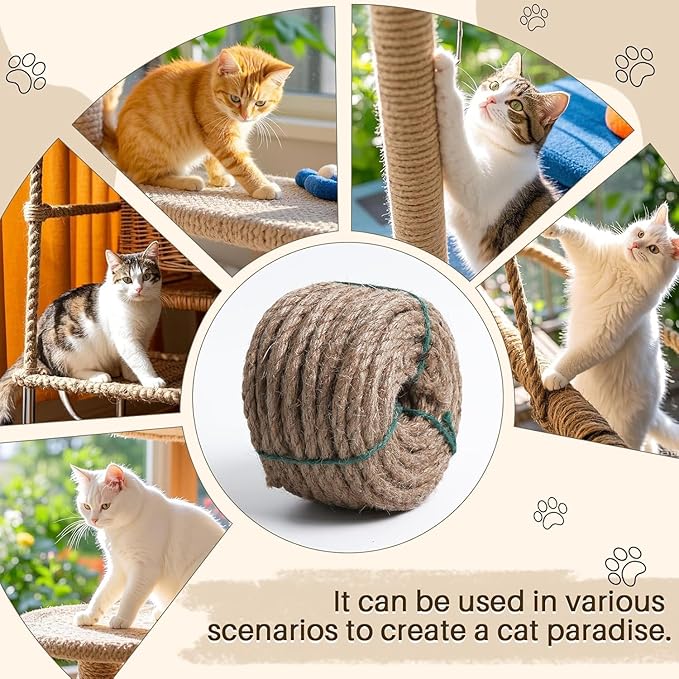 Sisal Rope for Cat Scratcher 1/4" 50 Ft Cat Tree Twine for Repairing Cat Scratching Post Replacement DIY Hemp Rope for Carpet Mat, Pet, and Crafts Gardening Home Decorating (Green