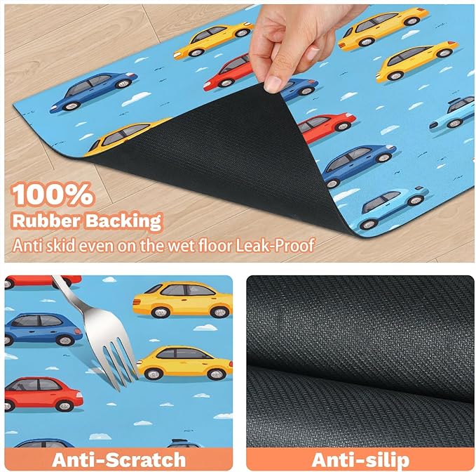 Cartoon Car Dog Food Mat for Floors Absorbent, Quick Dry Water Dispenser Mat for Food, Water, Pet Supplies 24" x 32", Transportation Taxi
