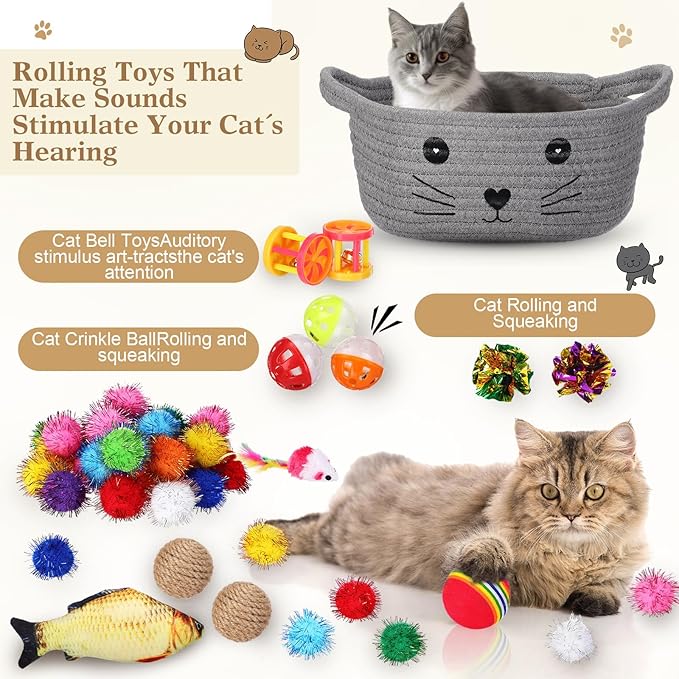 Zopeal 58 Pcs Easter Cat Storage Basket Gift Toys Set, Colorful Flashing Balls Pet Bell Crinkle Balls Spring Toys Attract Cat to Swat, Hunt, Interactive for Pet(Grey,9.8 Inch)