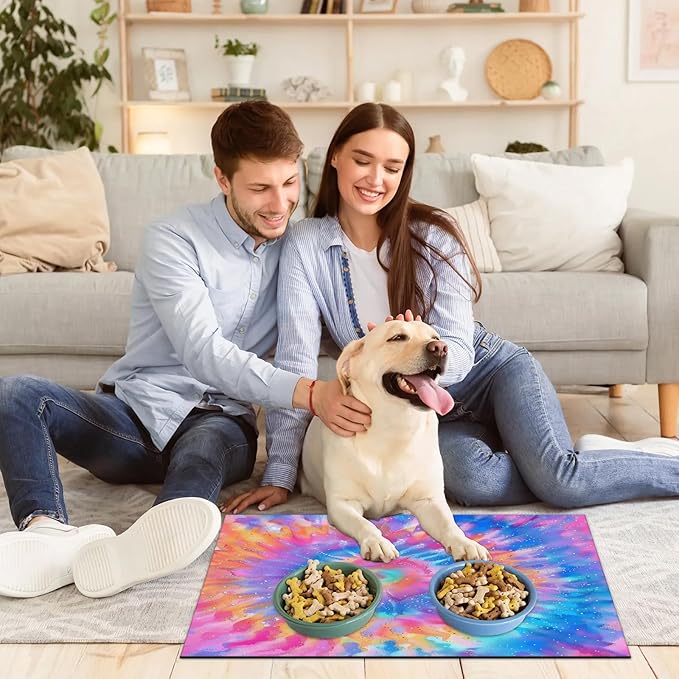 Tie Dye Dog Food Mat for Floors Absorbent, Quick Dry Water Dispenser Mat for Food, Water, Pet Supplies 16" x 24", Pink Purple