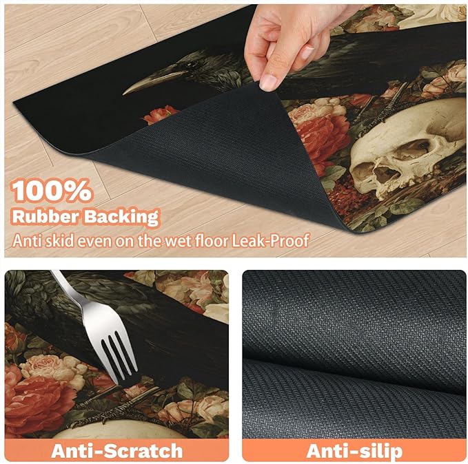 Halloween Raven Dog Food Mat for Floors Absorbent, Quick Dry Water Dispenser Mat for Food, Water, Pet Supplies 16" x 24", Skull Floral