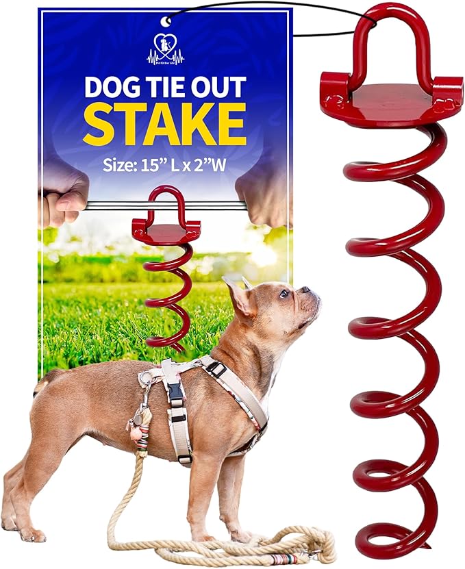 Pet Fit For Life Dog Tie Out Stake - Heavy Duty Steel Yard Stake, Secure Ground Anchor with Swivel Ring for Cable, Outdoor Leash Anchor Ideal for Camping, Beach, Park - Small & Large Dogs, Red, 15"