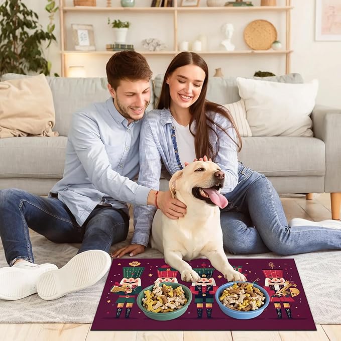 Nutcrackers Xmas Dog Food Mat for Floors Absorbent, Quick Dry Water Dispenser Mat for Food, Water, Pet Supplies 17" x 30", Merry Christmas