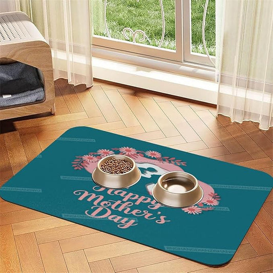 Pet Cat Dog Food Mat Absorbent Dog Feeding Mat Happy Mother's Day Floral Gift Mom Go No Stains Cat Food Mats Indoor Pet Accessories Supplies Dogs Placemat Water Bowl Mats with Rubber Backing 24x16In