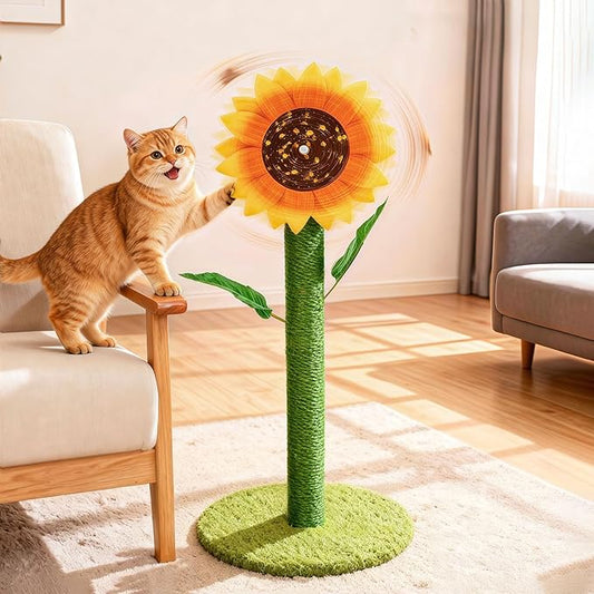 Sunflower Cat Scratching Post & Interactive Toy | 38" Tall Scratcher with Rotating Flower Top for Indoor Cats, from Kittens to Large Adults