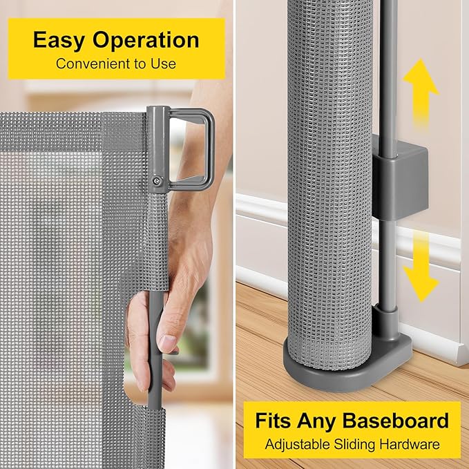 Reinforced 42” Tall x 130” Extra Wide Retractable Dog Gate Extra Tall Pet Gate with Rods to Prevent Crawling Through, Long Baby Gates for Dogs Child Safety Gate Mesh Dog Gate Indoor Outdoor, Gray