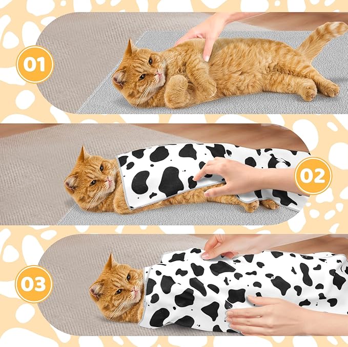 27.6" Cat Grooming Wrap for Cutting Nails, Cow Pattern Self-Adherent Fabric Wrap for Cats, Anti-Scratch Anti-Escape Multifunctional Cat Swaddle Tool for Teeth Brushing, Ear Cleaning