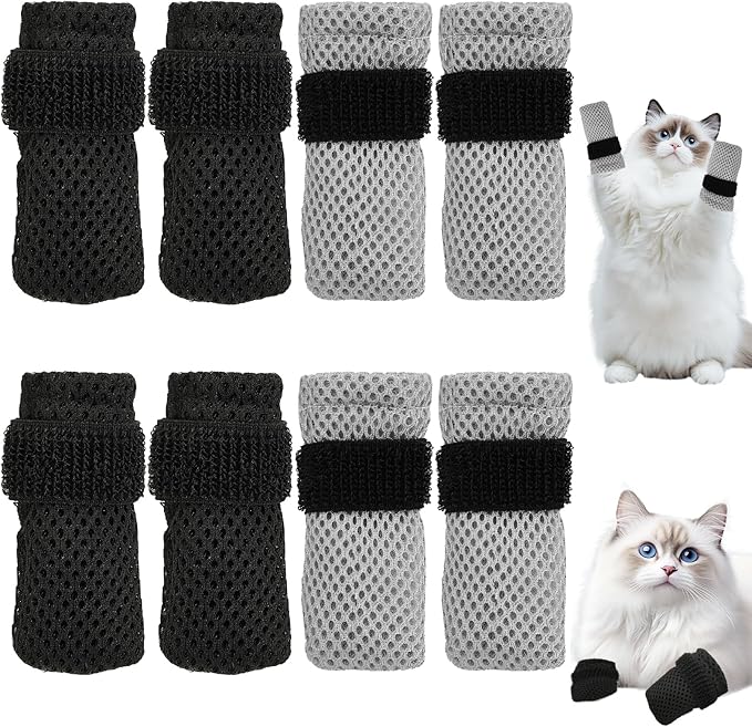 8 Pcs Cat Claw Covers, Shoes Booties For Cats Mittens To Prevent Scratching Socks Adjustable Breathable Mesh Puppy Indoor Gloves Paw Kitten Boots Suitable For Bathing And Nail Trimming (Grey + Black)