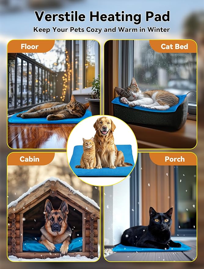 Outdoor Pet Heating Pad for Dog & Cat, Multi-Size Waterproof Heated Cat Dog Bed for Outside, Pet Heater Warmer Mat Blanket with Chew Resistant Cord for Senior Dog Cat House Whelping Box,Blue,24" x 36"