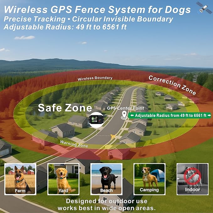 GPS Wireless Electric Dog Fence – Circular Wireless Dog Fence System for Dogs with Early Warning Beep & Auto-Protection, Quick-Charge Collar, 6561ft Range, Waterproof, 3 Modes, No App,Outdoor Use Only