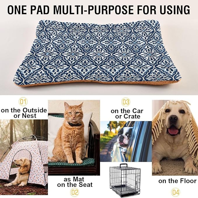 Dog Bed for Crate Washable Pet Sleep Pad, Floral Motif Kennel Mat with Non-Slip Bottom, Soft Fluffy Supplies Pet for Dogs and Cats (24x18 inch)