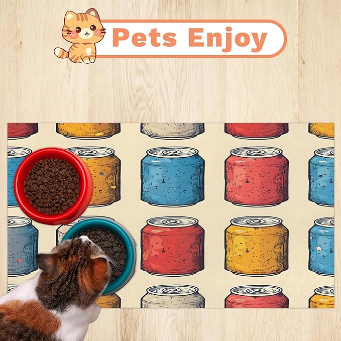 Vintage Beverage Dog Food Mat for Floors Absorbent Dog Bowl Mat for Food and Water Dispenser Quick Dry Cat Food Placemat Pet Supplies 16" x 24", Colorful
