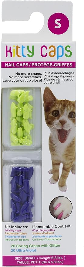 Kitty Caps Nail Caps for Cats, Spring Green with Glitter & Ultra Violet - Safe, Stylish & Humane Alternative to Declawing Stops Snags & Scratches, Small (6-8 lbs), 40 Count