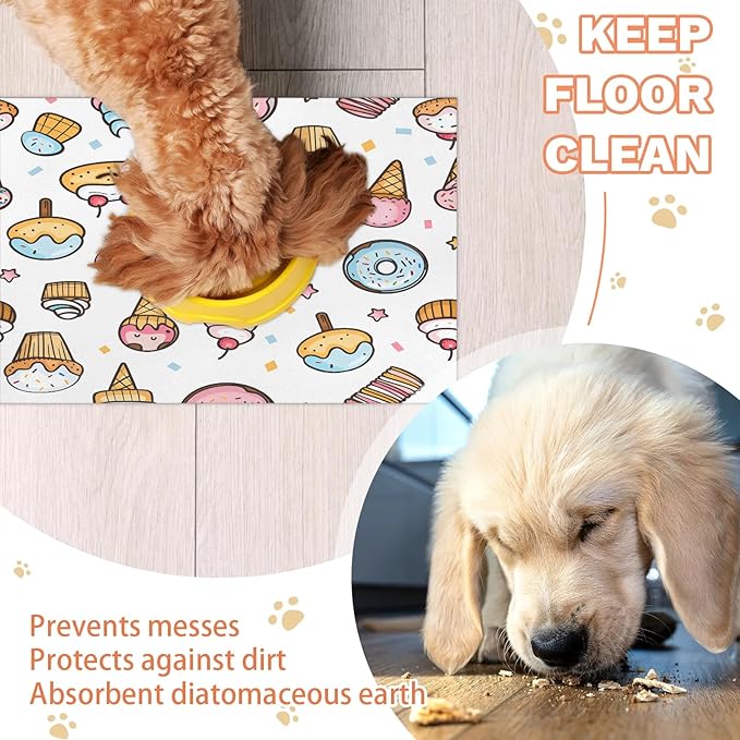Ice Cream Dog Food Mat for Floors Absorbent Dog Bowl Mat for Food and Water Dispenser Quick Dry Cat Food Placemat Pet Supplies 17" x 30", Boho Cake